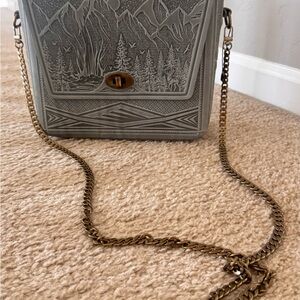 Gray Embossed Mountain Crossbody Bag with Gold Chain